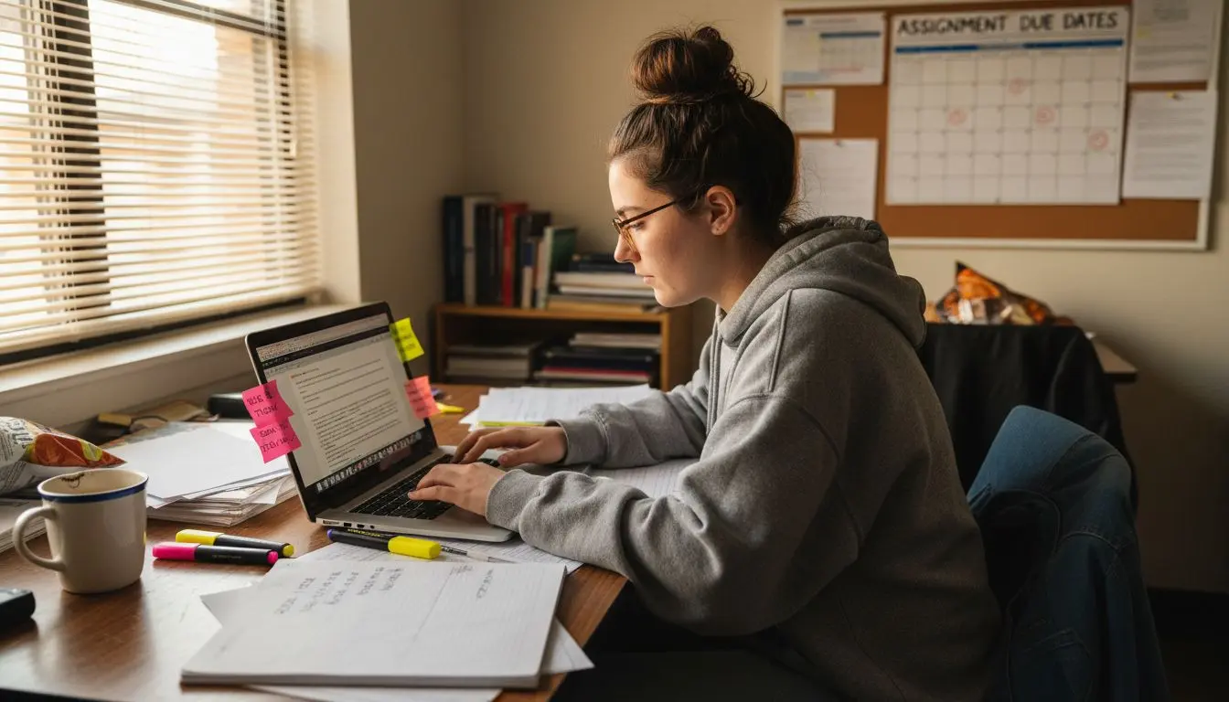 A professional researcher in India meticulously reviewing a doctoral thesis for structural and grammatical accuracy.