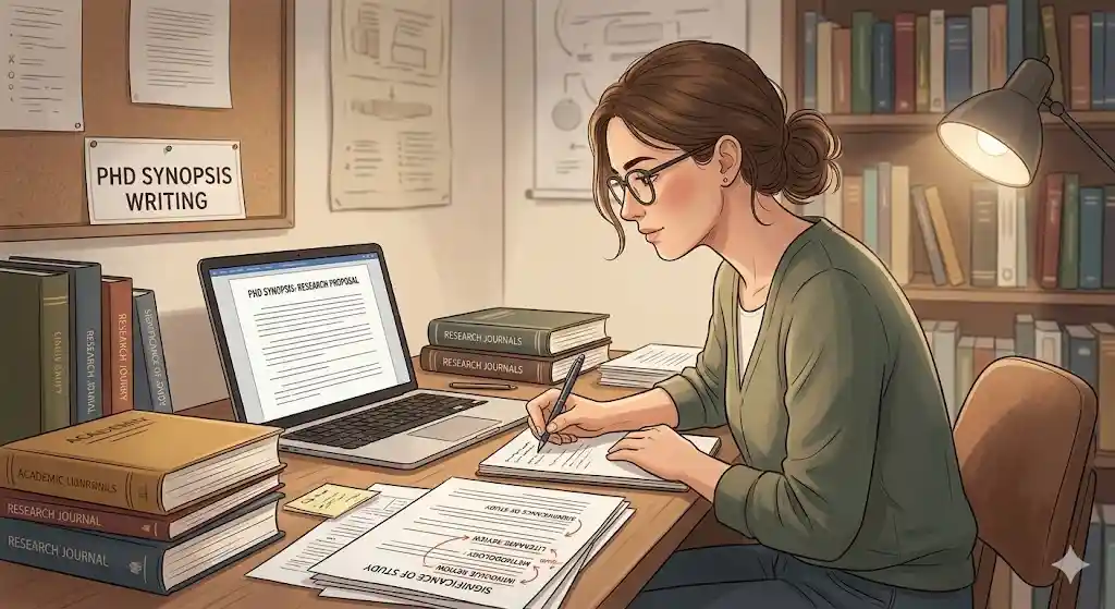 A scholar's workstation featuring a detailed conceptual framework diagram, an open notebook with research questions, and a digital document titled 'Research Synopsis.'