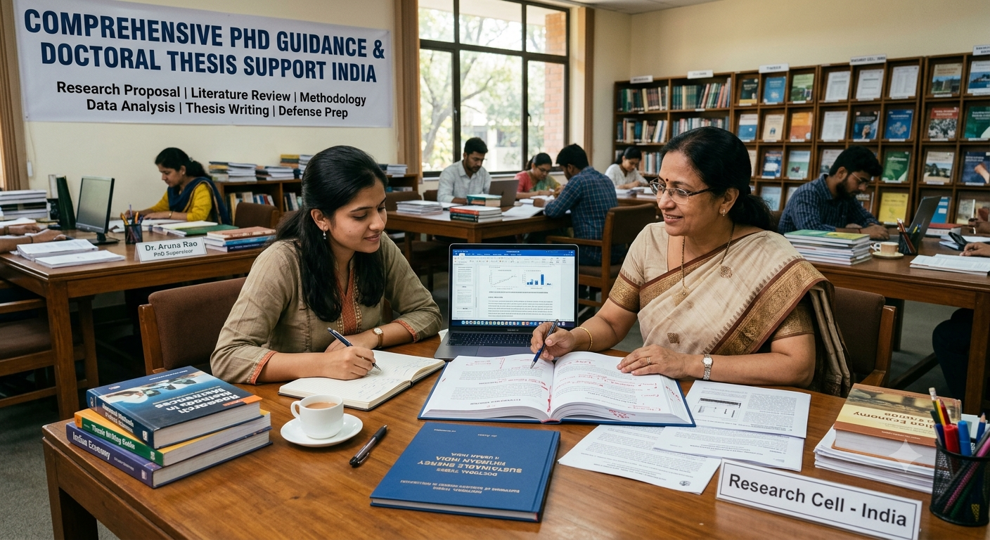 Senior academic mentors and doctoral scholars collaborating on advanced research methodologies and thesis drafts at PhD India.