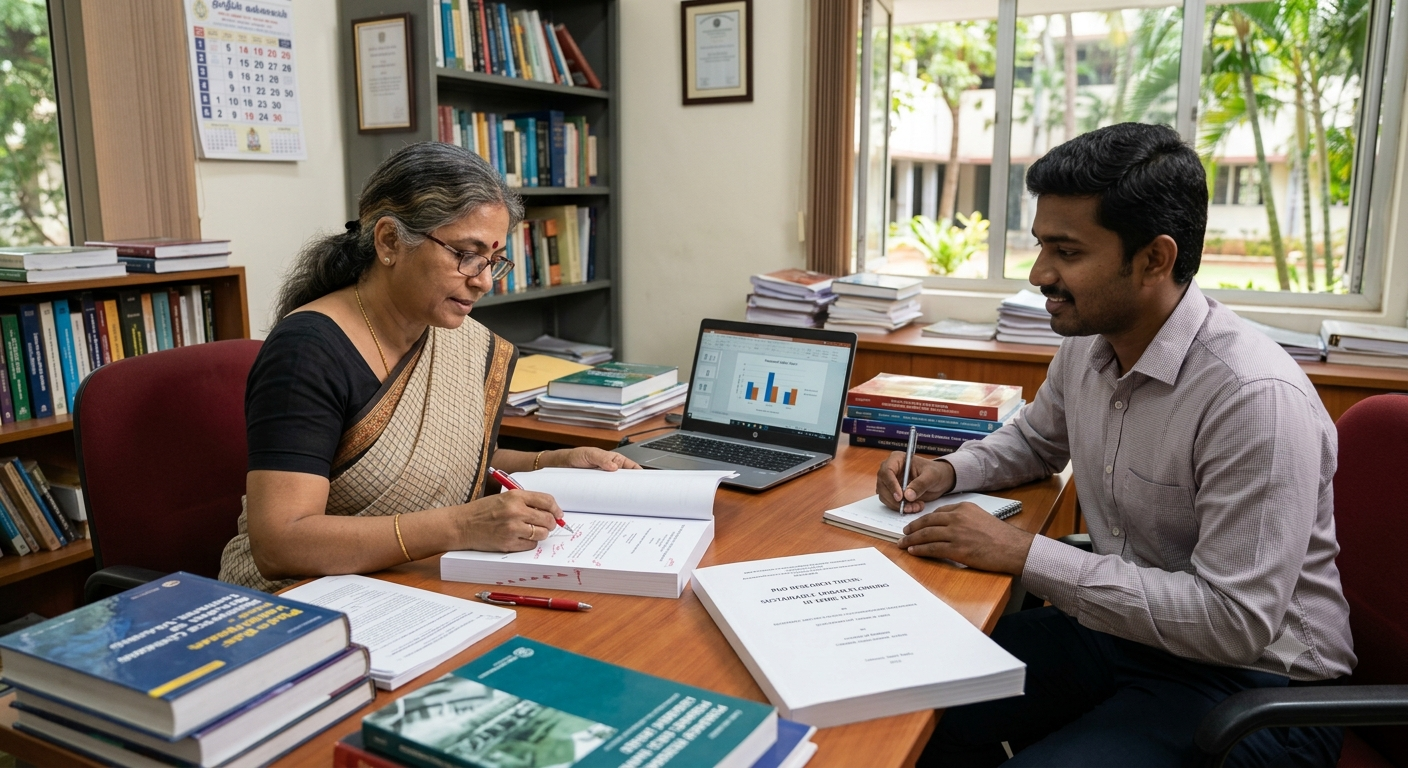 A dedicated doctoral researcher reviewing thesis chapters, data analysis charts, and academic reference notes at a well-organized wooden desk in an institutional study center
