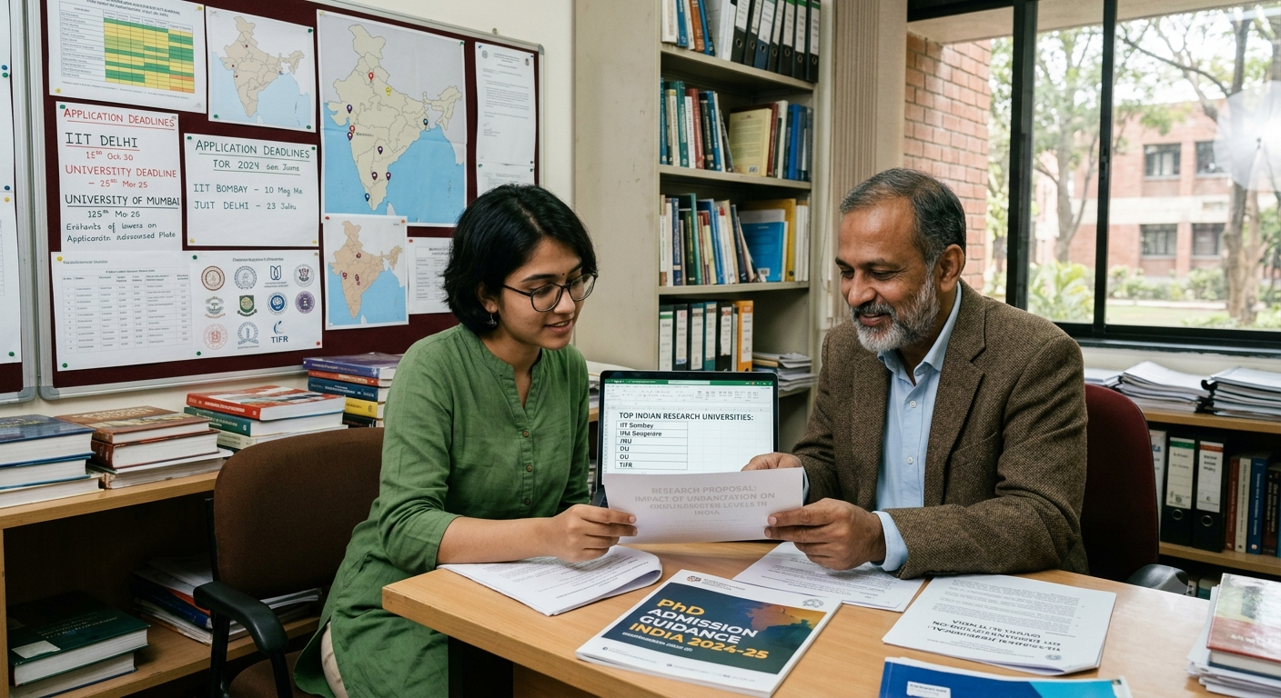 A prospective doctoral candidate reviewing university eligibility checklists, admission criteria charts, and structured research proposal outlines at an academic advisory desk in Tamil Nadu.