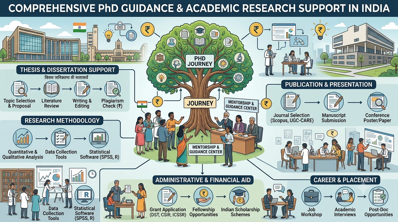 Senior academic consultants and doctoral scholars reviewing research frameworks and statistical data analyses at PhD India.