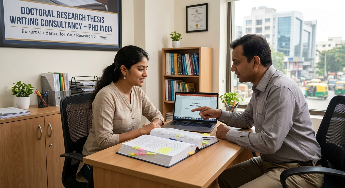 An academic research consultant at PhD India in Anjugramam, Tamil Nadu, mentoring a doctoral scholar, reviewing chapter outlines, methodology frameworks, and thesis structural chapters.