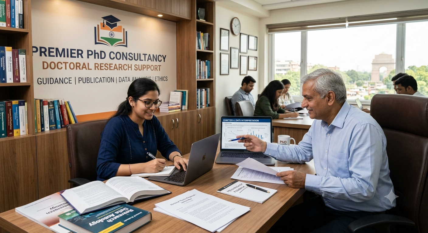 Expert academic mentors and doctoral scholars reviewing complex research data and thesis structures at PhD India.