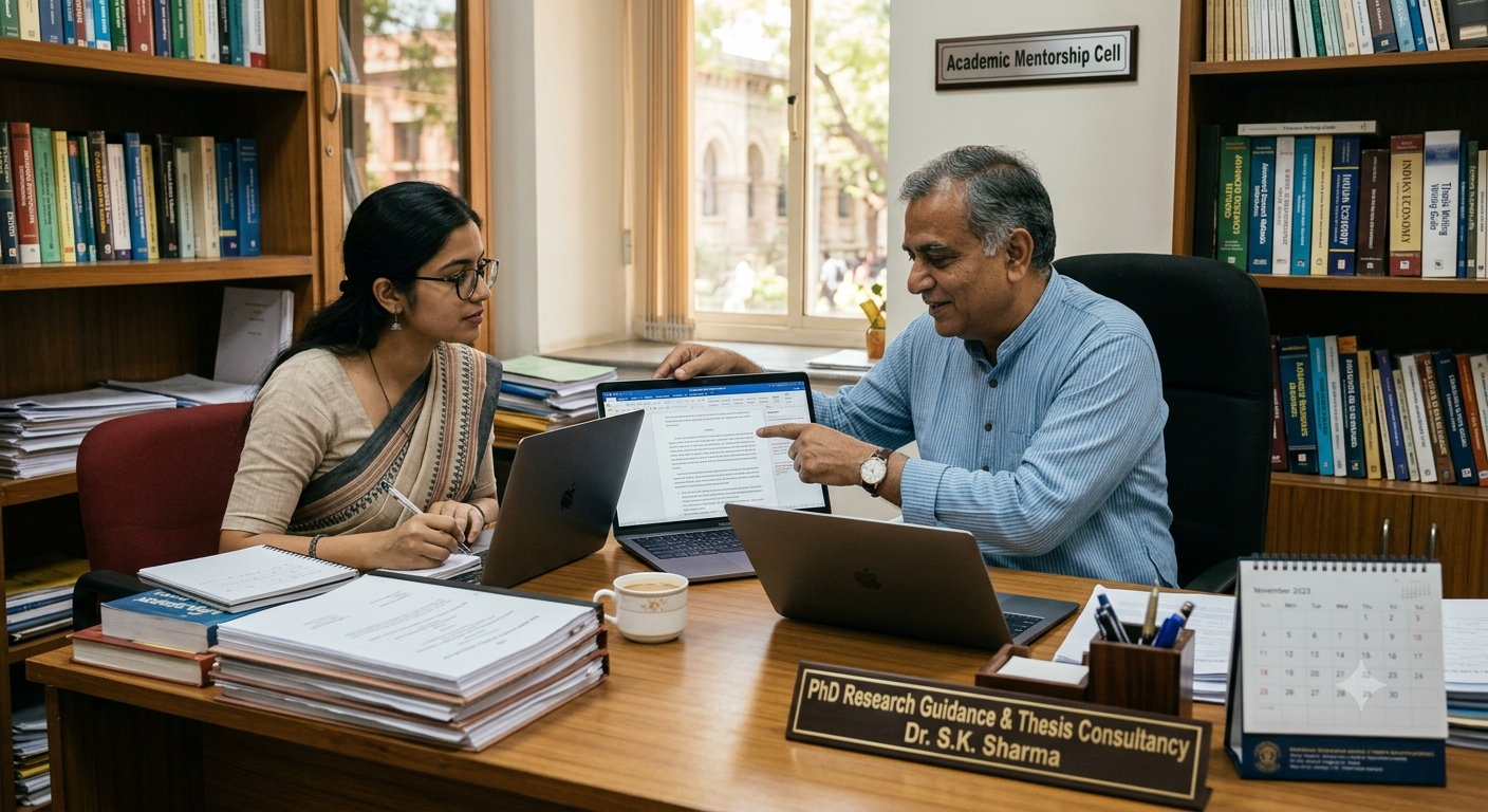 Experienced academic advisors and doctoral researchers examining data frameworks and chapter drafts at PhD India.