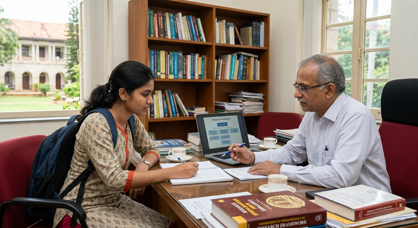 Experienced academic advisors and doctoral researchers examining data frameworks and chapter drafts at PhD India.