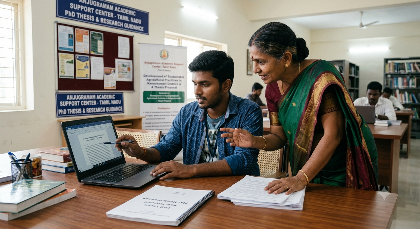 Senior doctoral research advisors at PhD India in Anjugramam, Tamil Nadu, reviewing research proposals, statistical analysis chapters, and journal publication guidelines during a scholarly mentoring session