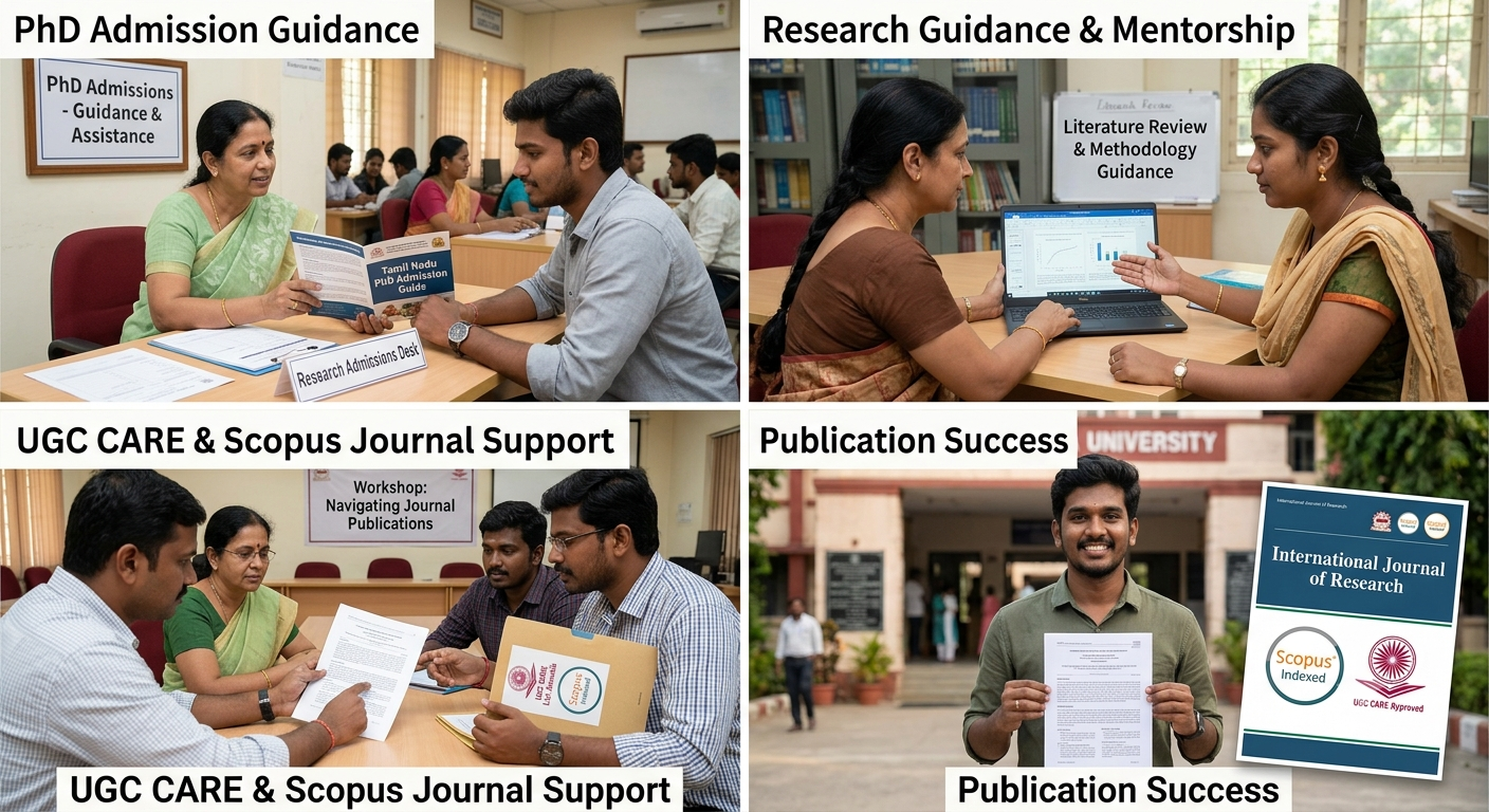 Senior doctoral research advisors at PhD India in Tamil Nadu mentoring research scholars on research proposal frameworks, data analysis workflows, and Scopus publication guidelines.